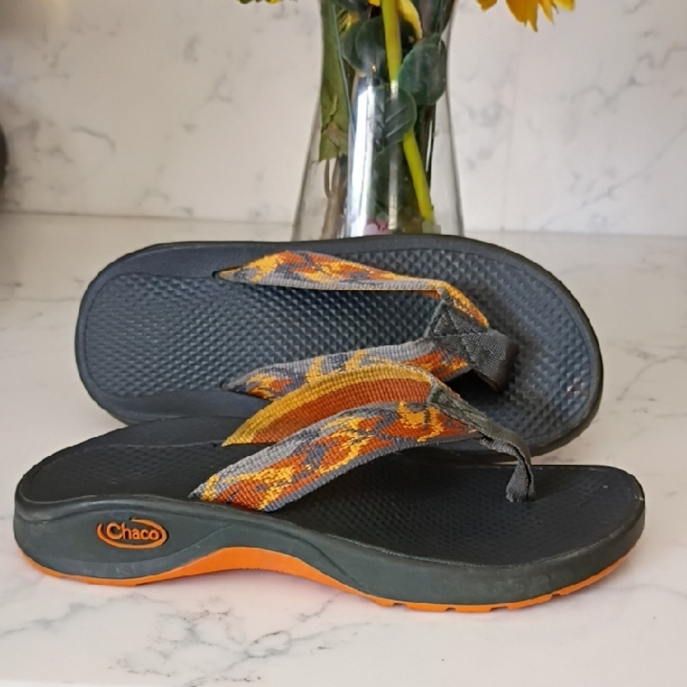 Chaco Gray and Orange Patterned Strap Flip Sandals